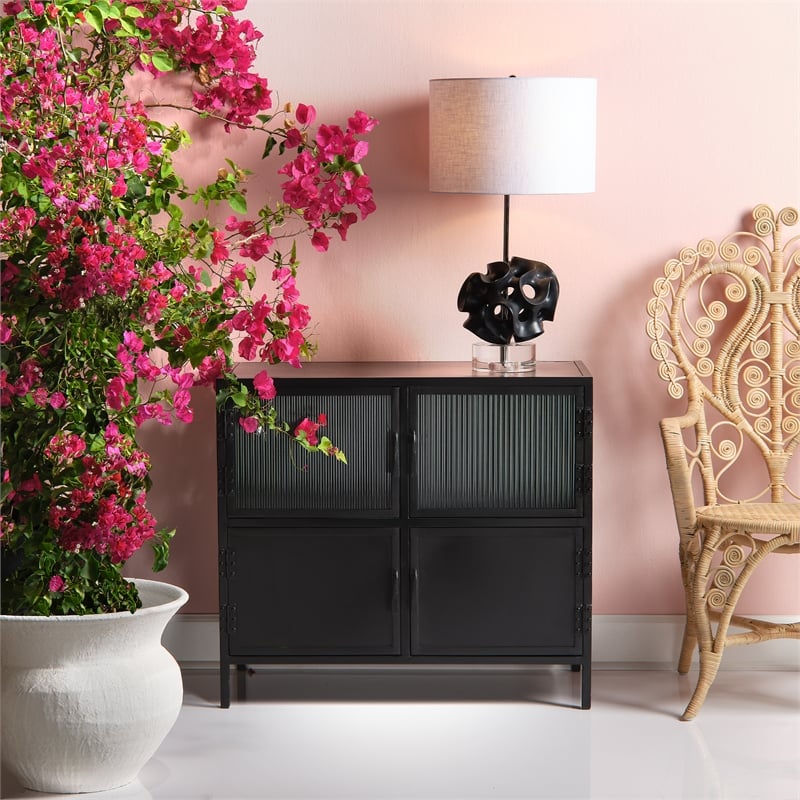 Pemberly Row Vitrino 4 Door Iron Side Table in Black Metal Finish