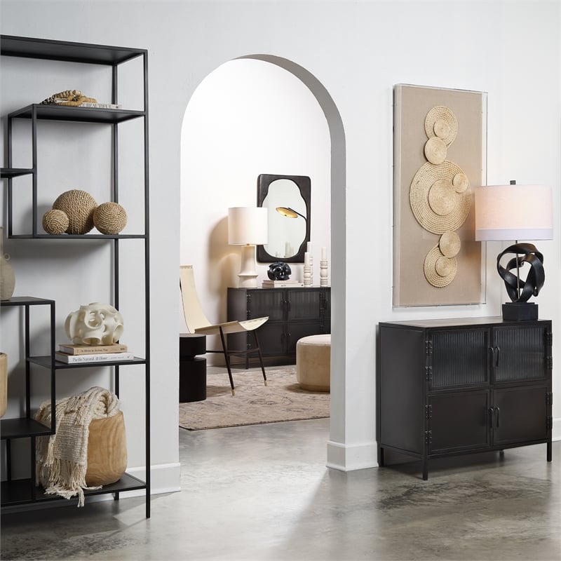 Pemberly Row Vitrino 4 Door Iron Side Table in Black Metal Finish
