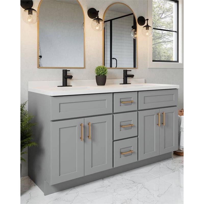 Pemberly Row 60-inch Solid Wood Bathroom Vanity in Gray Finish