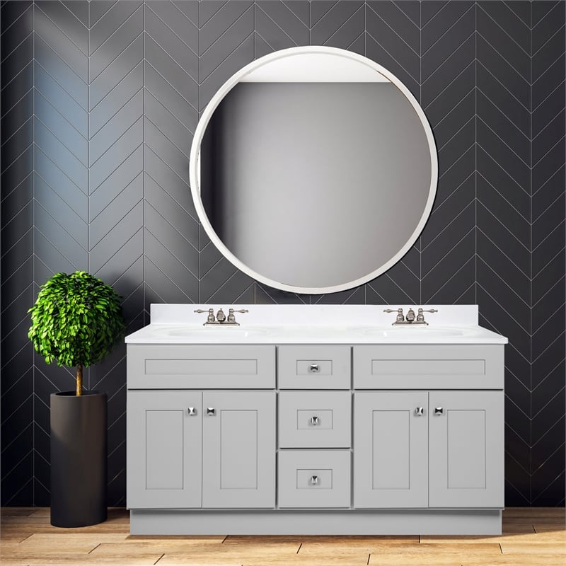 Pemberly Row 60-inch Solid Wood Bathroom Vanity in Gray Finish