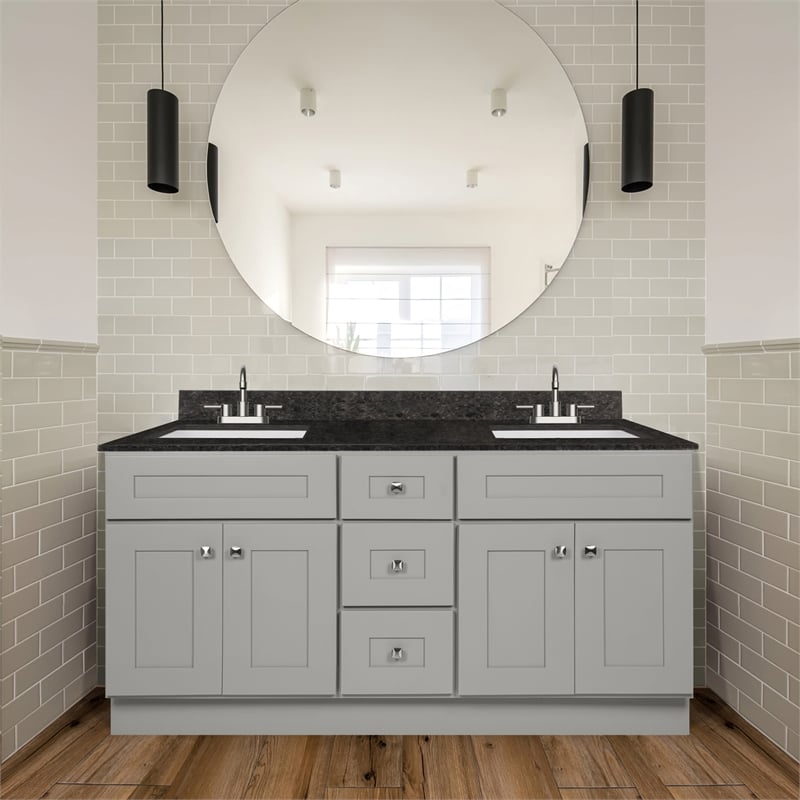 Pemberly Row 60-inch Solid Wood Bathroom Vanity in Gray Finish