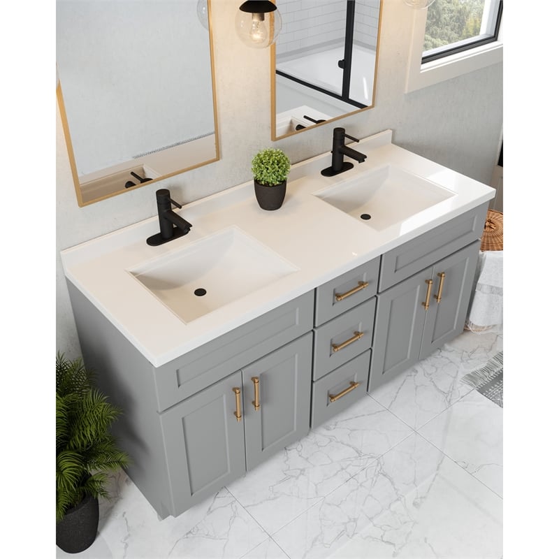 Pemberly Row 60-inch Solid Wood Bathroom Vanity in Gray Finish