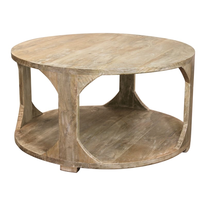 Pemberly Row Jenna Round Cocktail Table with Shelf in Natural Wood