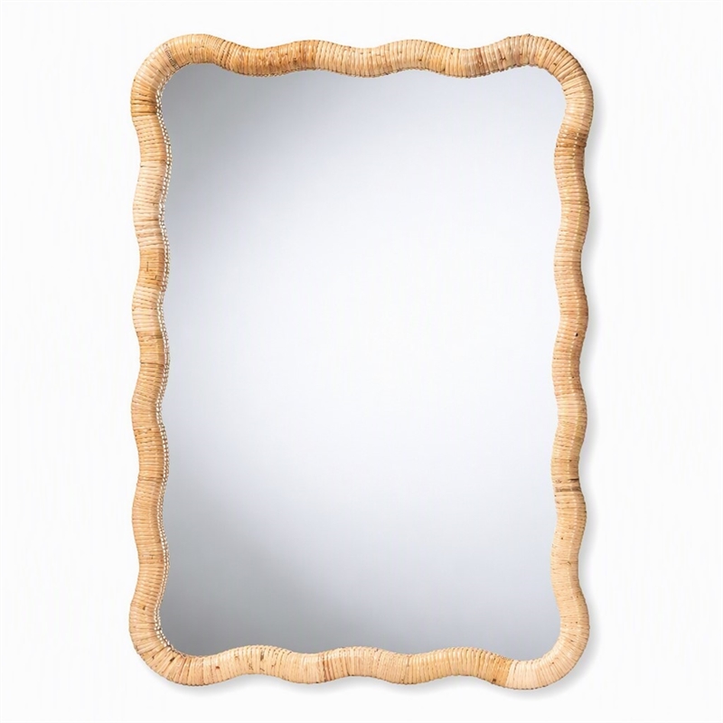 Pemberly Row Rasida Scalloped Rattan Wall Mirror with Wood Frame