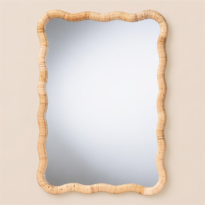Pemberly Row Rasida Scalloped Rattan Wall Mirror with Wood Frame