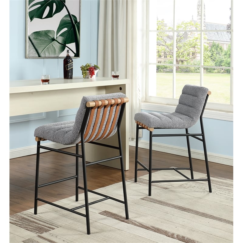 Pemberly Row Set of 2 26-in Counter Stools in Gray Boucle with Iron Legs
