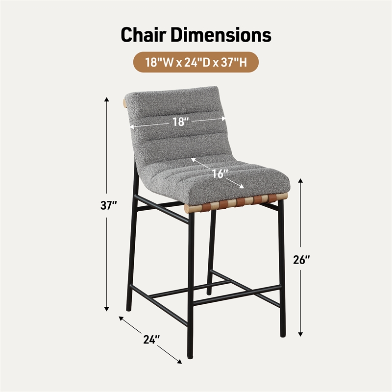 Pemberly Row Set of 2 26-in Counter Stools in Gray Boucle with Iron Legs