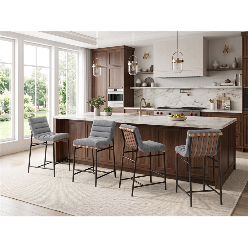 Pemberly Row Set of 4 26-in Counter Stools in Gray Boucle with Iron Legs