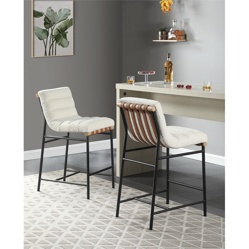 Pemberly Row Set of 2 26-in Counter Stools in White Boucle with Iron Legs