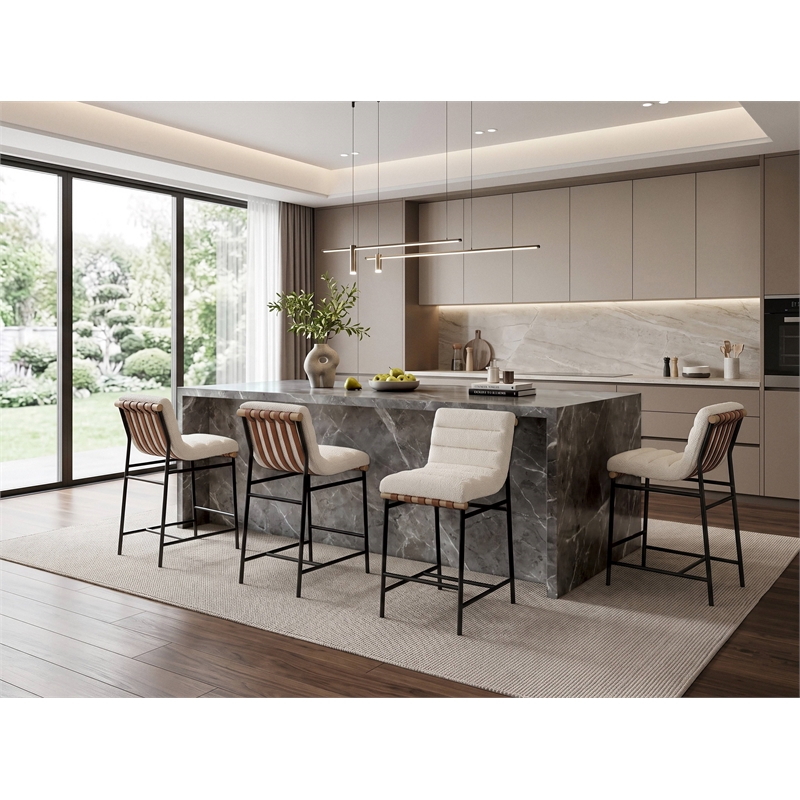 Pemberly Row Set of 4 26-in Counter Stools in White Boucle with Iron Legs