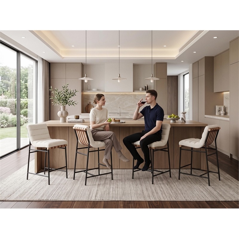 Pemberly Row Set of 4 26-in Counter Stools in White Boucle with Iron Legs