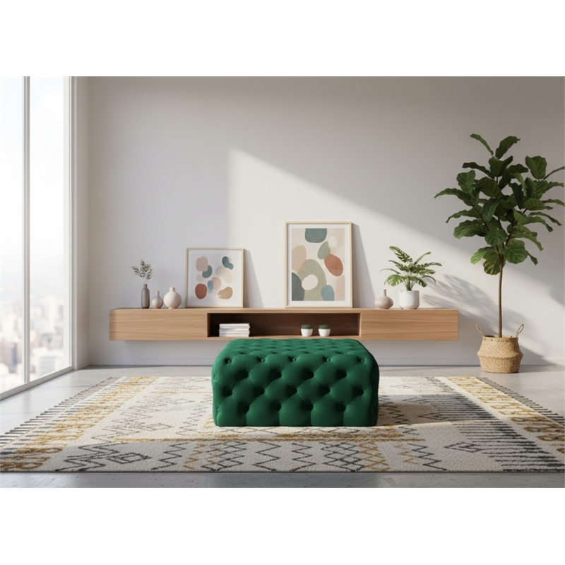 Pemberly Row Button Tufted Upholstered Velvet Ottoman in Green