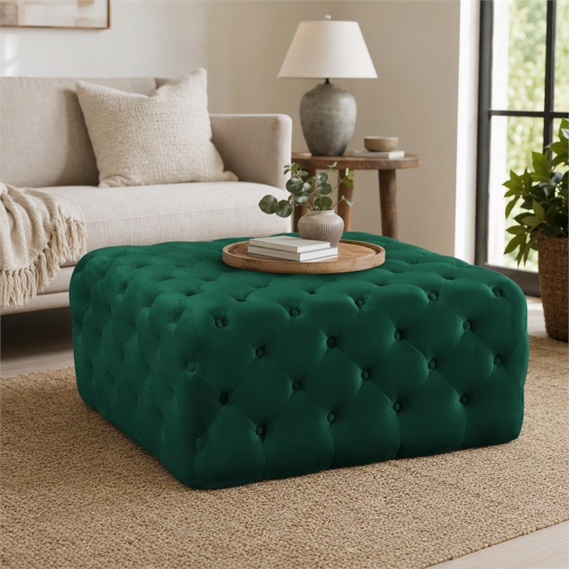 Pemberly Row Button Tufted Upholstered Velvet Ottoman in Green