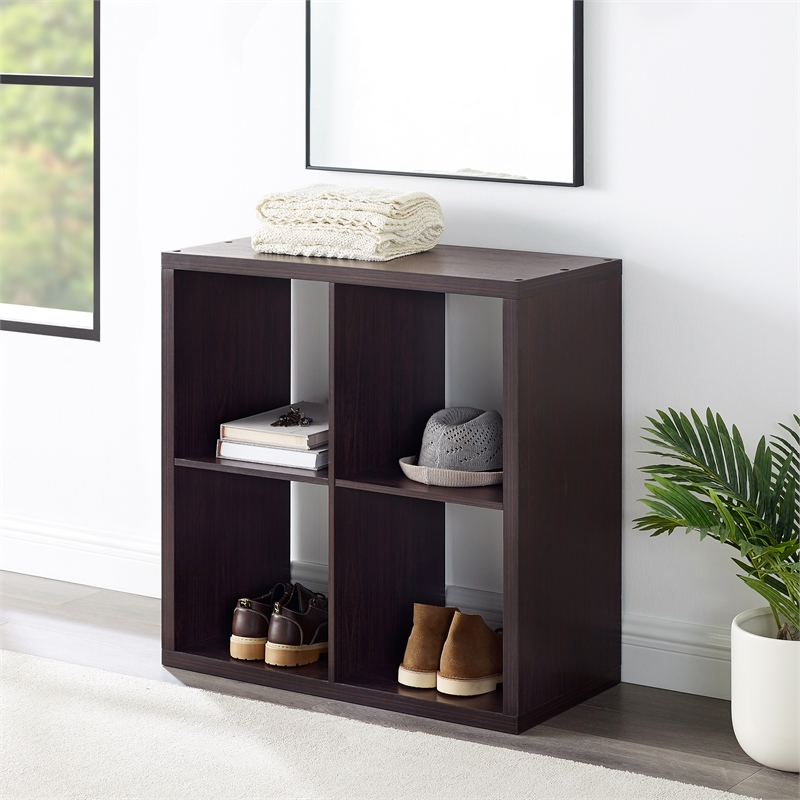 Pemberly Row Four Cubby Storage Cabinet with Open Back in Espresso Finish