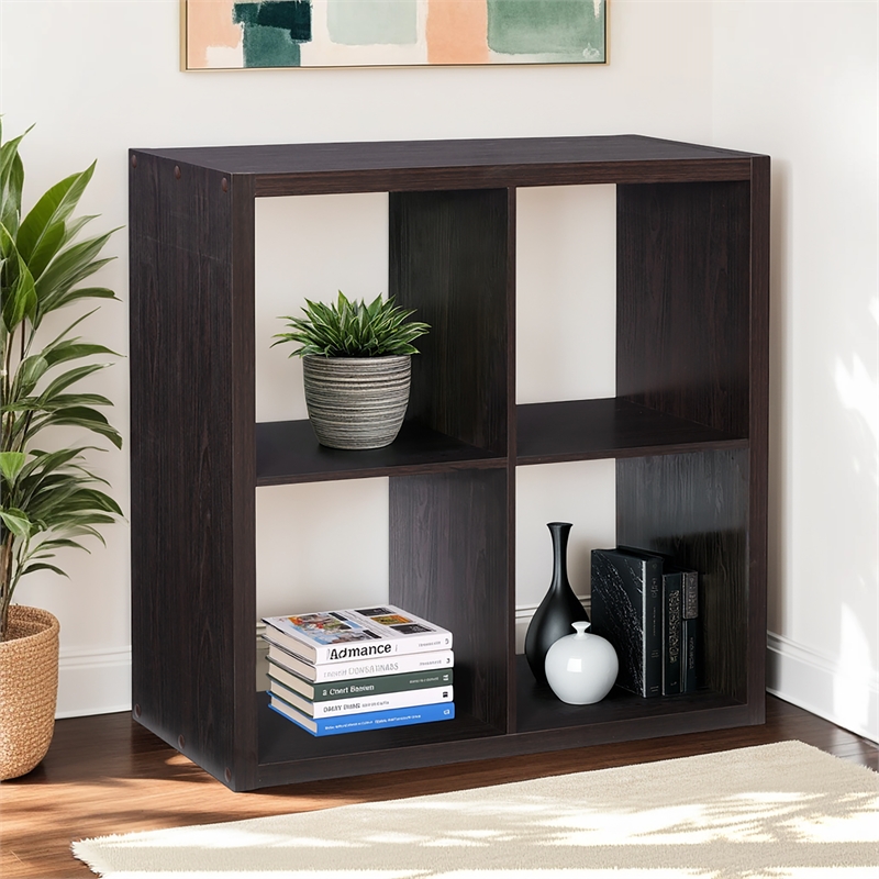 Pemberly Row Four Cubby Storage Cabinet with Open Back in Espresso Finish
