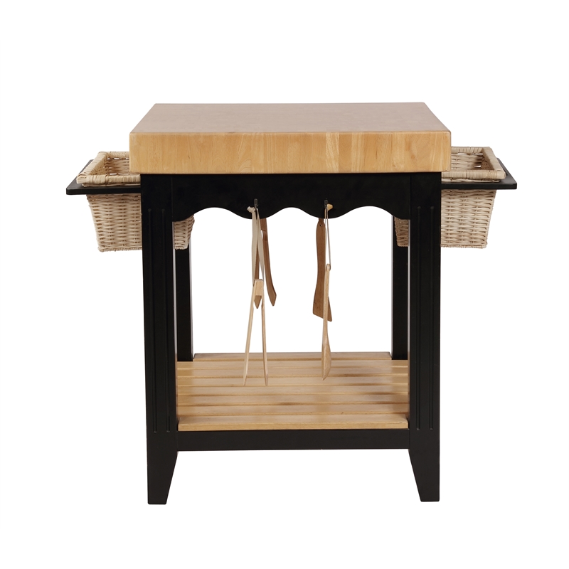Pemberly Row Butcher Block Kitchen Island with Baskets in Black Wood