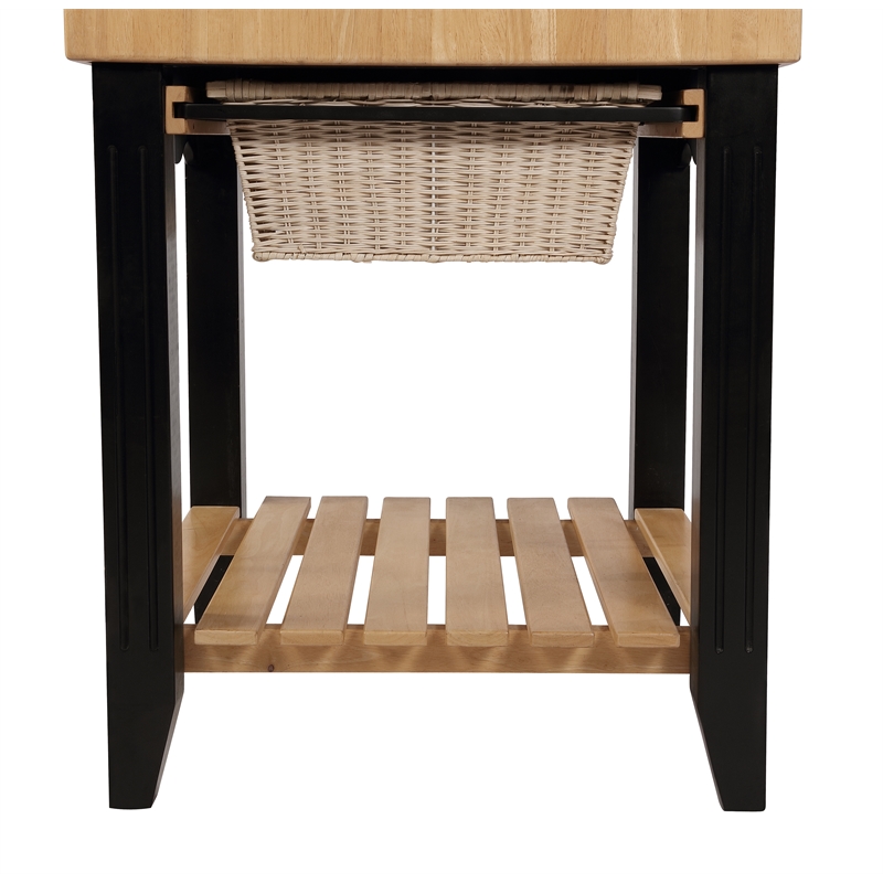 Pemberly Row Butcher Block Kitchen Island with Baskets in Black Wood