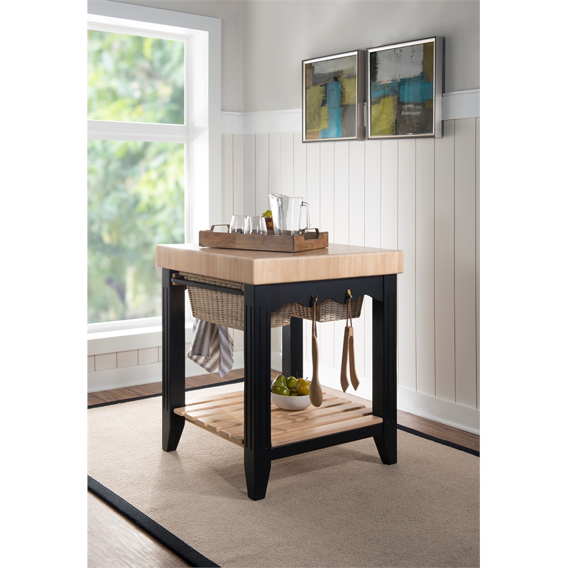 Pemberly Row Butcher Block Kitchen Island with Baskets in Black Wood