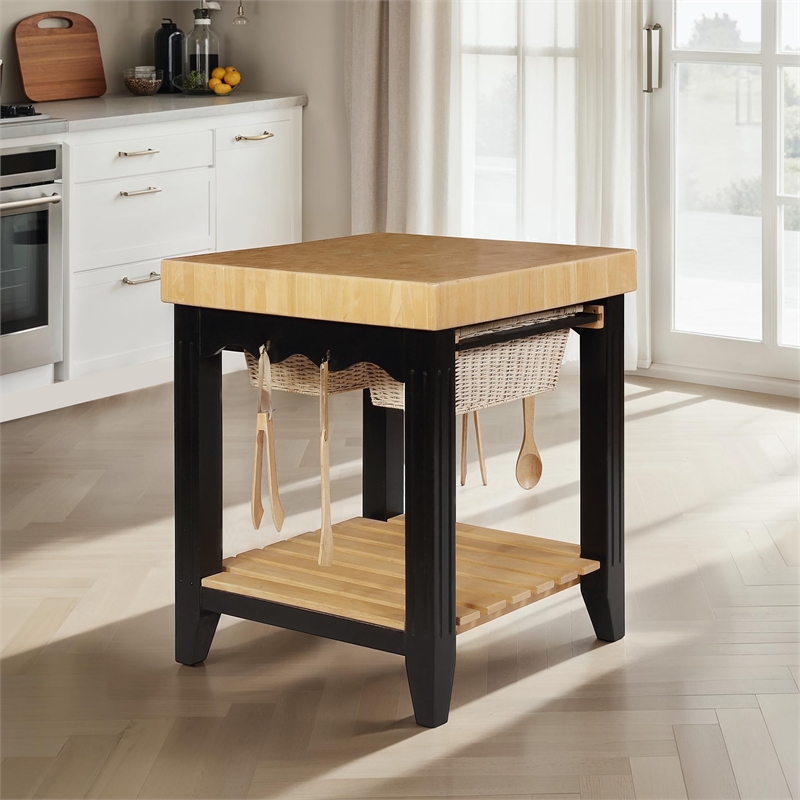 Pemberly Row Butcher Block Kitchen Island with Baskets in Black Wood