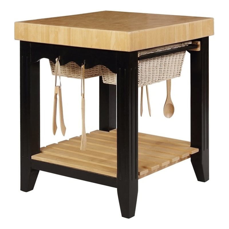 Pemberly Row Butcher Block Kitchen Island with Baskets in Black Wood