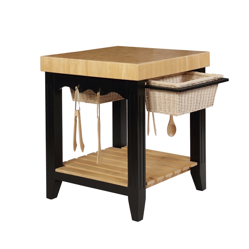 Pemberly Row Butcher Block Kitchen Island with Baskets in Black Wood