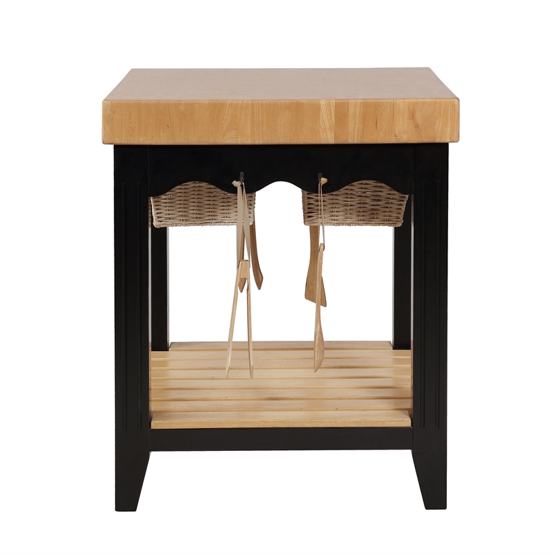 Pemberly Row Butcher Block Kitchen Island with Baskets in Black Wood
