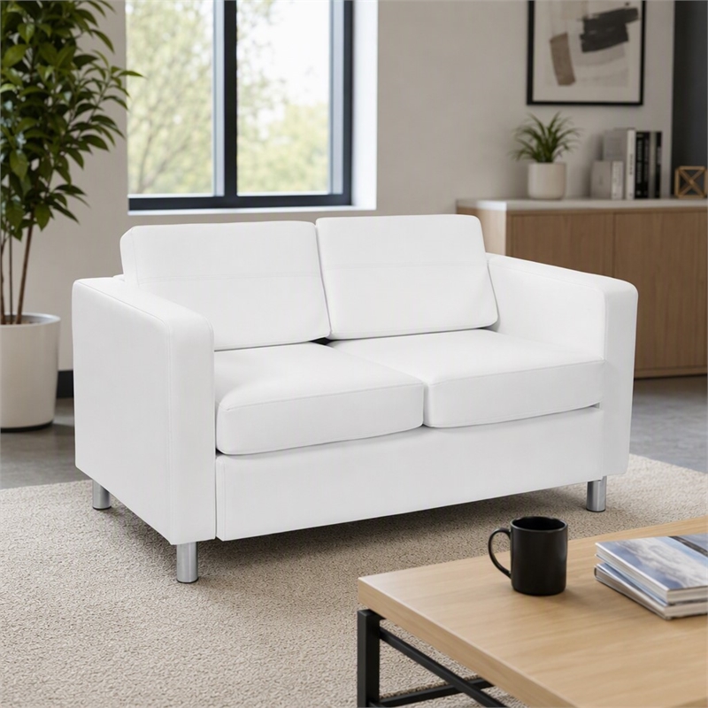 Pemberly Row Loveseat with Dillon Snow White Faux Leather and Silver Legs