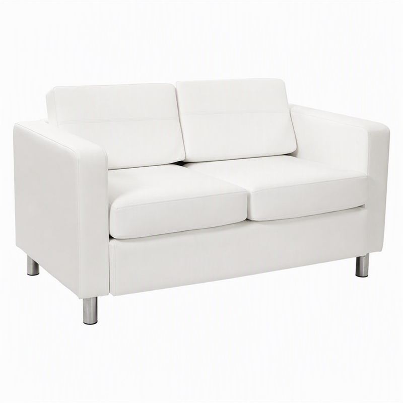 Pemberly Row Loveseat with Dillon Snow White Faux Leather and Silver Legs