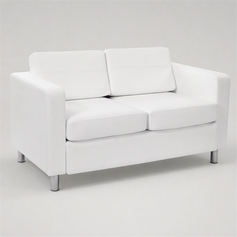 Pemberly Row Loveseat with Dillon Snow White Faux Leather and Silver Legs