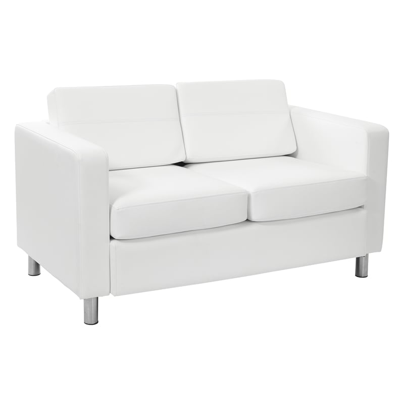 Pemberly Row Loveseat with Dillon Snow White Faux Leather and Silver Legs