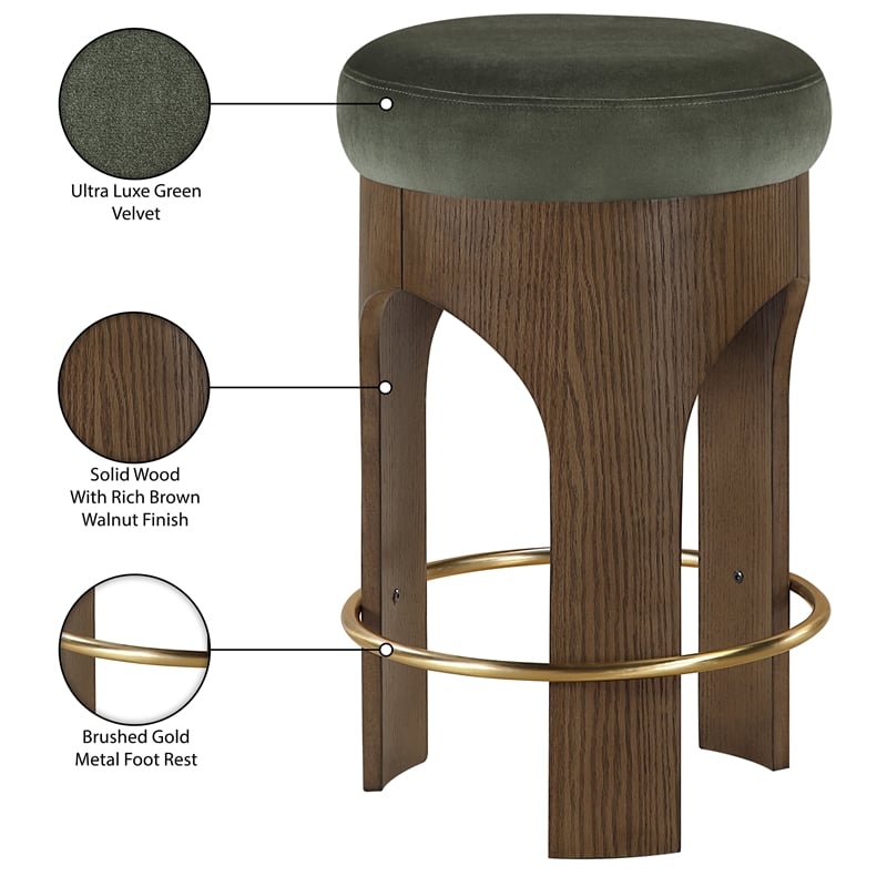 Pemberly Row Green Velvet Upholstered Counter Stool with Walnut Finish