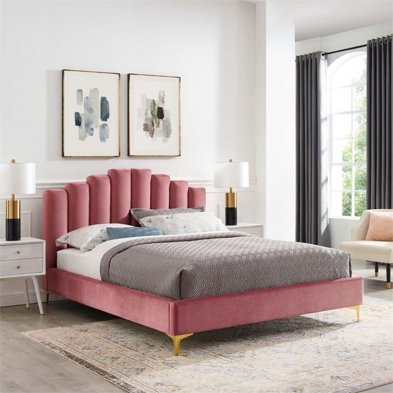 Pemberly Row Queen Velvet Platform Bed in Dusty Rose with Gold Legs