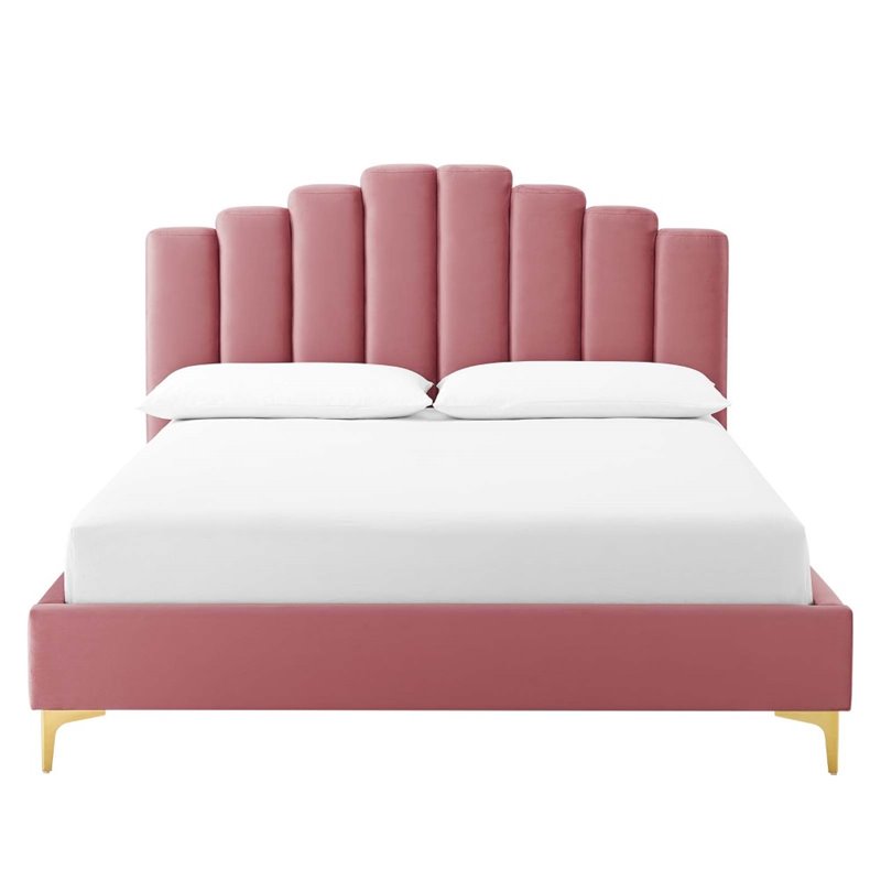 Pemberly Row Queen Velvet Platform Bed in Dusty Rose with Gold Legs