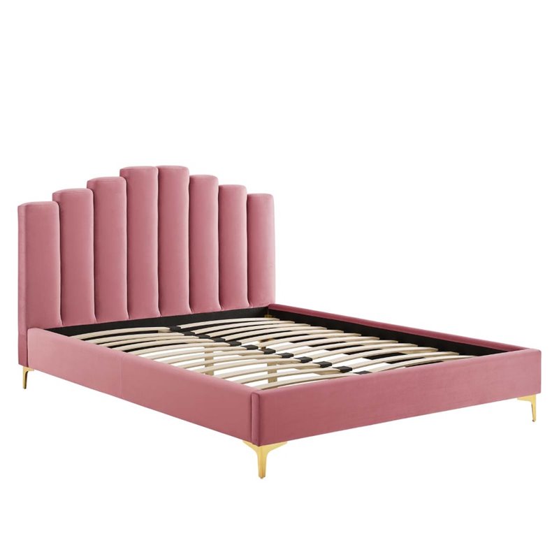Pemberly Row Queen Velvet Platform Bed in Dusty Rose with Gold Legs