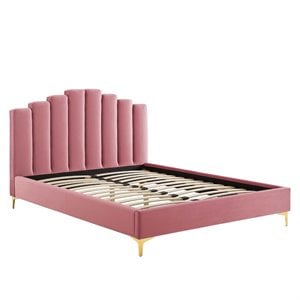 Pemberly Row Queen Velvet Platform Bed in Dusty Rose with Gold Legs