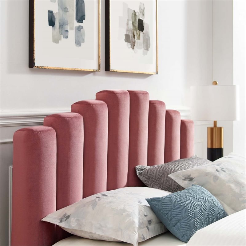 Pemberly Row Queen Velvet Platform Bed in Dusty Rose with Gold Legs