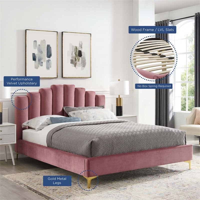 Pemberly Row Queen Velvet Platform Bed in Dusty Rose with Gold Legs
