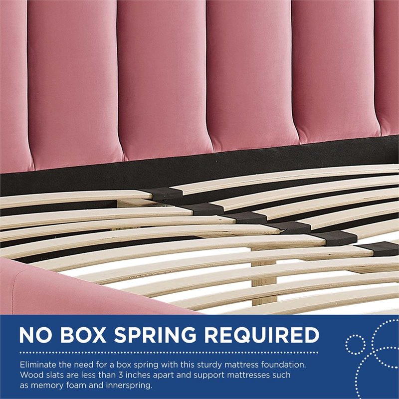 Pemberly Row Queen Velvet Platform Bed in Dusty Rose with Gold Legs