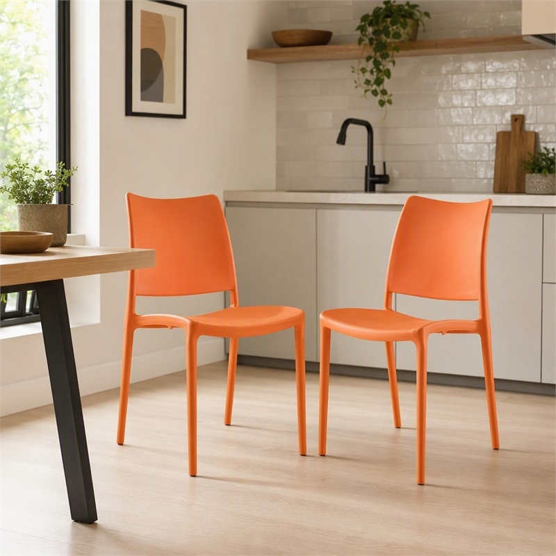 Pemberly Row Polypropylene Plastic Dining Side Chair in Orange Set of 2