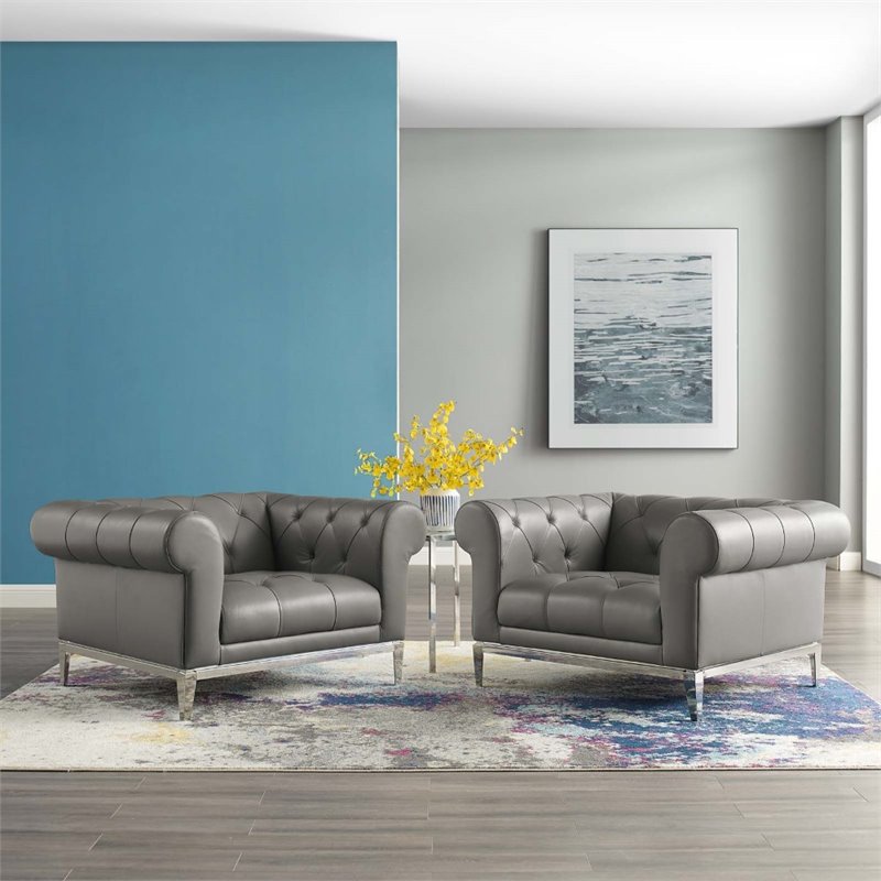 Pemberly Row Tufted Leather Armchairs in Gray with Steel Frame (Set of 2)
