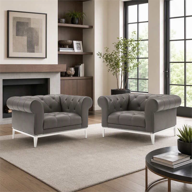 Pemberly Row Tufted Leather Armchairs in Gray with Steel Frame (Set of 2)