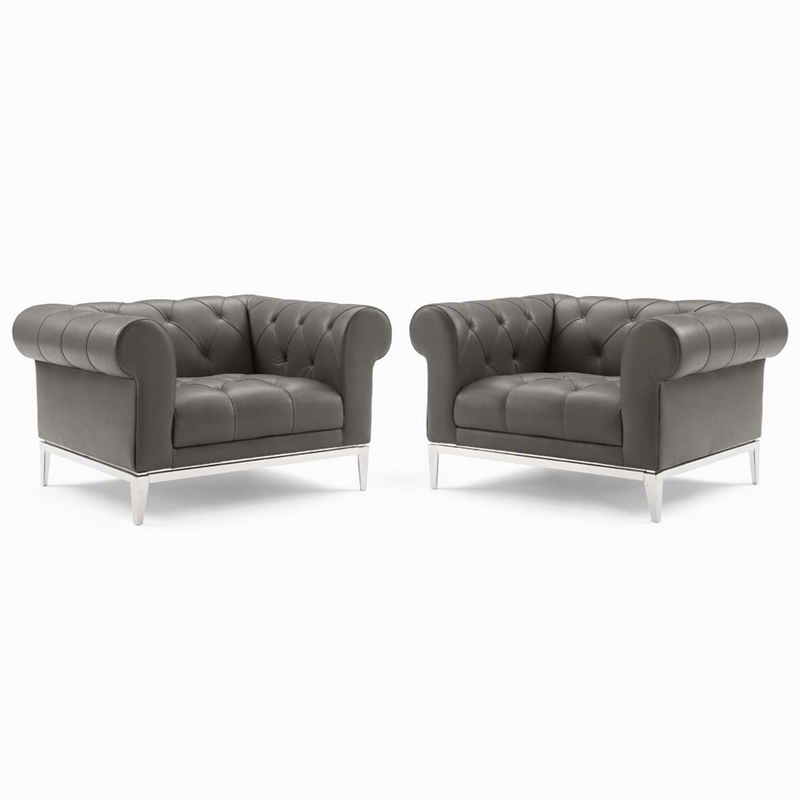 Pemberly Row Tufted Leather Armchairs in Gray with Steel Frame (Set of 2)