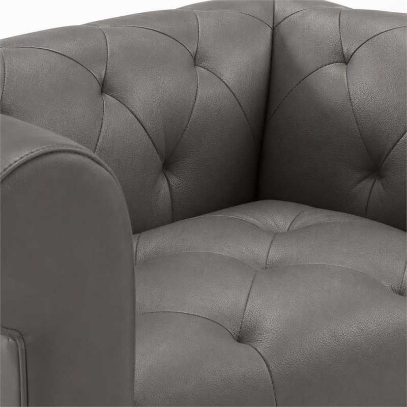 Pemberly Row Tufted Leather Armchairs in Gray with Steel Frame (Set of 2)