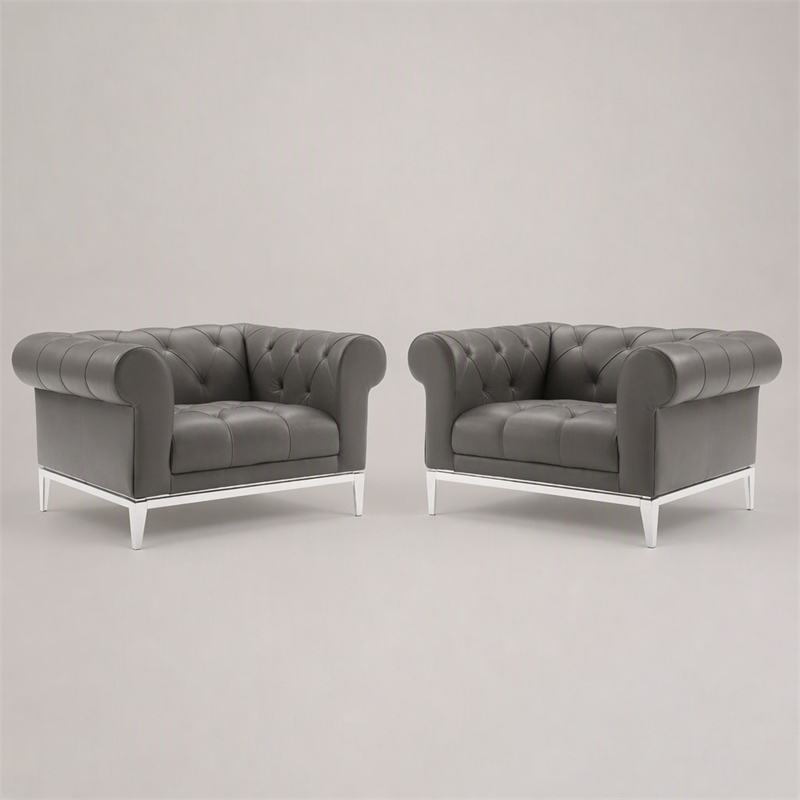 Pemberly Row Tufted Leather Armchairs in Gray with Steel Frame (Set of 2)