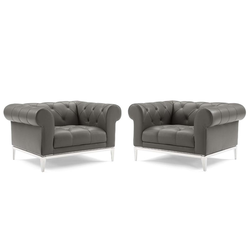 Pemberly Row Tufted Leather Armchairs in Gray with Steel Frame (Set of 2)
