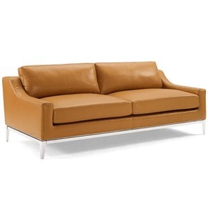 Pemberly Row 83.5&quot Leather Sofa in Tan with Stainless Steel Frame
