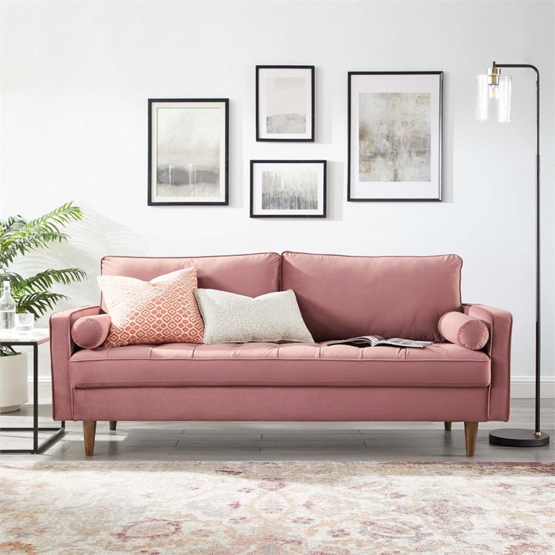 Pemberly Row Modern Velvet Sofa in Dusty Rose with Walnut Legs
