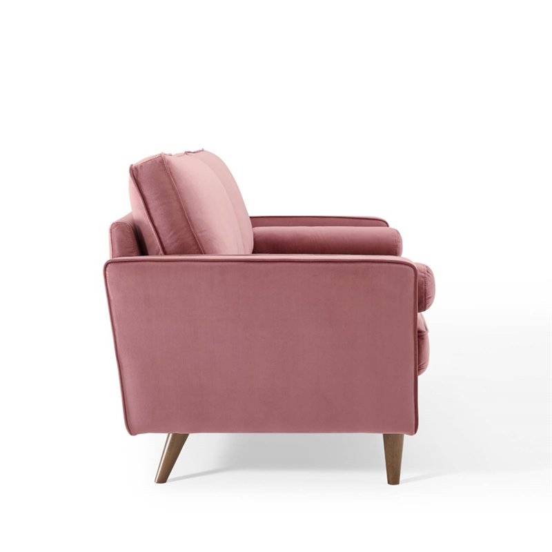 Pemberly Row Modern Velvet Sofa in Dusty Rose with Walnut Legs