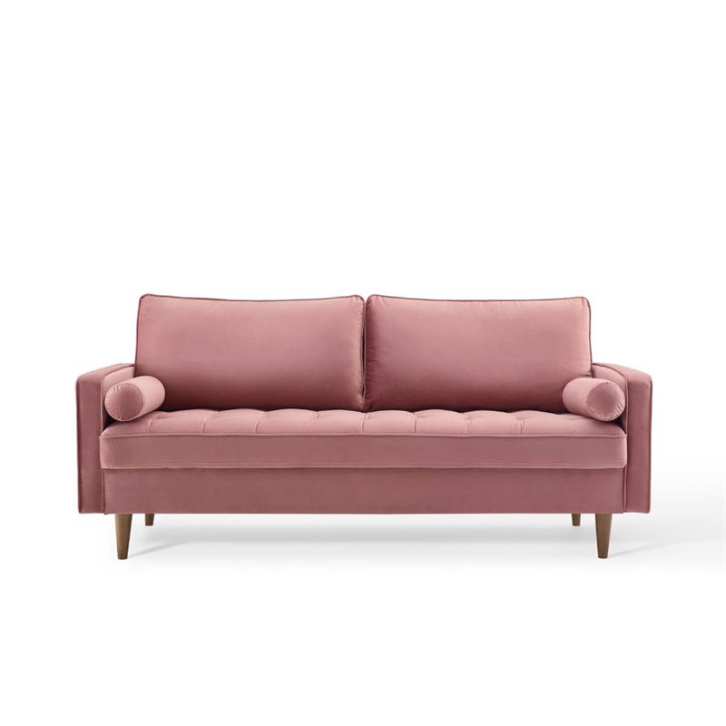 Pemberly Row Modern Velvet Sofa in Dusty Rose with Walnut Legs