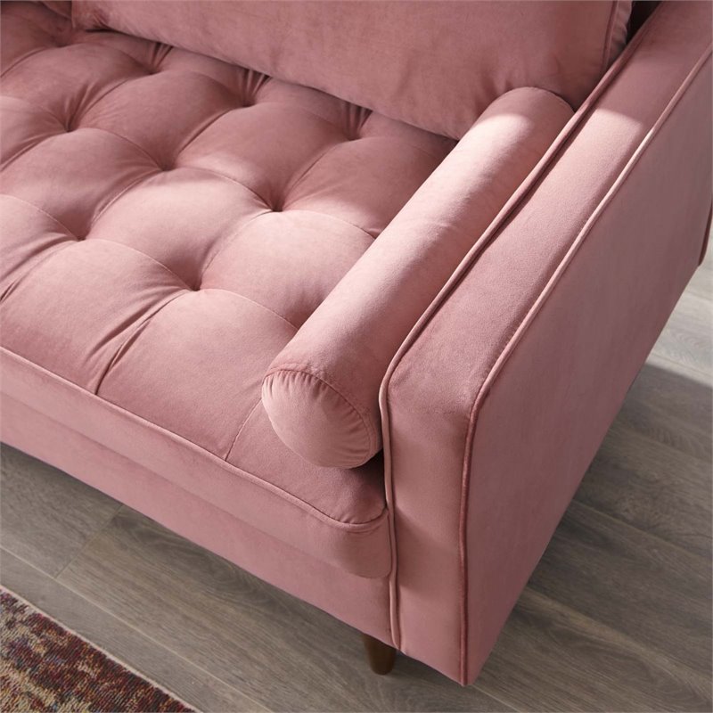 Pemberly Row Modern Velvet Sofa in Dusty Rose with Walnut Legs